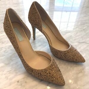 Betsey Johnson SB Hazil Gold Rhinestone d'Orsay Wedding Pumps Blue Sole Heels 11